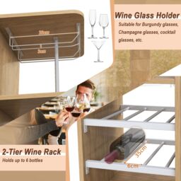 Costway 3PCS Bar Table Chair Set Industrial Dining Table Stools w/ Glass Holders & Wine Racks in Brown - thumbnail 3