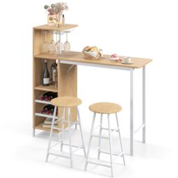 Costway 3PCS Bar Table Chair Set Industrial Dining Table Stools w/ Glass Holders & Wine Racks in Brown - thumbnail 1