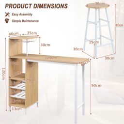 Costway 3PCS Bar Table Chair Set Industrial Dining Table Stools w/ Glass Holders & Wine Racks in Brown - thumbnail 2