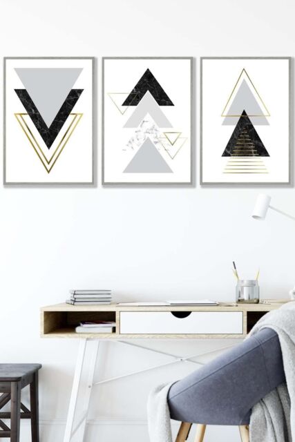 ARTZE Black Grey Geometric Triangle Set Framed Wall Art - Medium in Light Grey - Size: W45 cm x H62 cm x D20mm - image 1