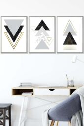 ARTZE Black Grey Geometric Triangle Set Framed Wall Art - Medium in Light Grey - Size: W45 cm x H62 cm x D20mm