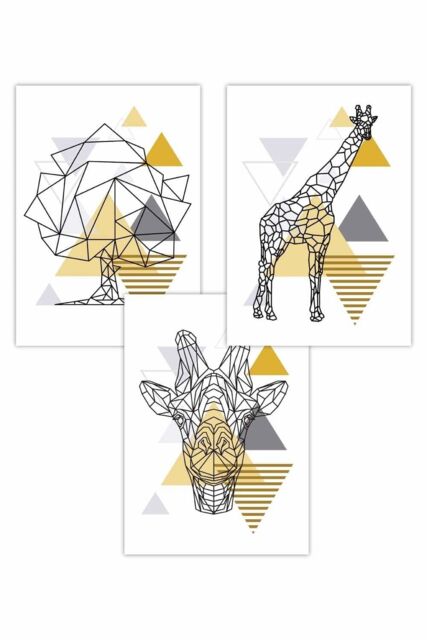 ARTZE Set of 3 Geometric Line Art Yellow Giraffe Tree Set Art Posters - Size: W50 cm x H70 cm - image 1