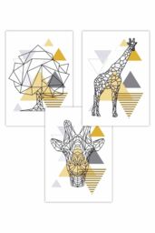 ARTZE Set of 3 Geometric Line Art Yellow Giraffe Tree Set Art Posters - Size: W50 cm x H70 cm - thumbnail 1