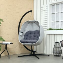 OUTSUNNY Hanging Egg Chair Outdoor Indoor Swing Chair, Folding Basket, Grey - thumbnail 1