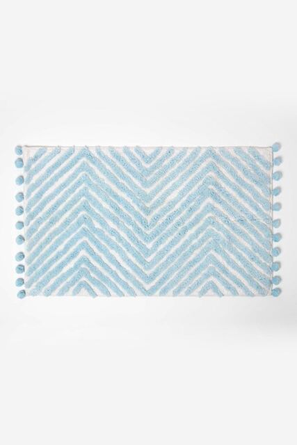 Homescapes Bath Mat Tufted Zig Zag 100% Cotton with Pom Pom Edges in Blue - image 1
