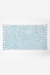 Homescapes Bath Mat Tufted Zig Zag 100% Cotton with Pom Pom Edges in Blue