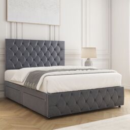 "BSSPOKE Mulberry Divan Bed Plush 24"" Headboard 2 Drawers Same Side & Mattress in Charcoal - Size: Small Double" - thumbnail 3