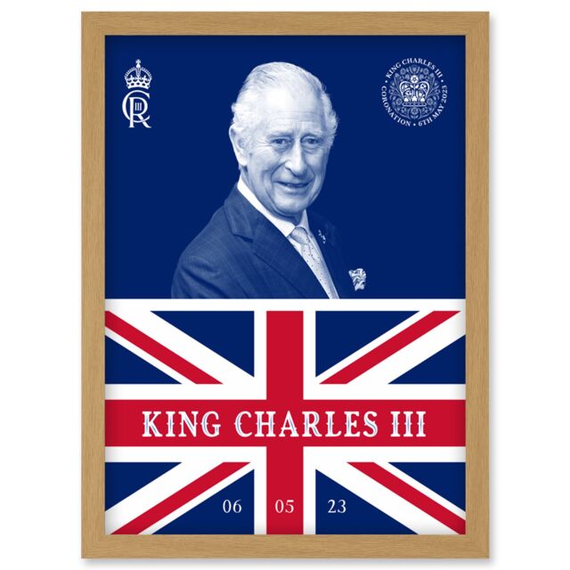 Artery8 King Charles III Coronation Date Crest Emblem Union Jack & Sovereign Artwork Framed Wall Art Print A4 in Light Oak - image 1