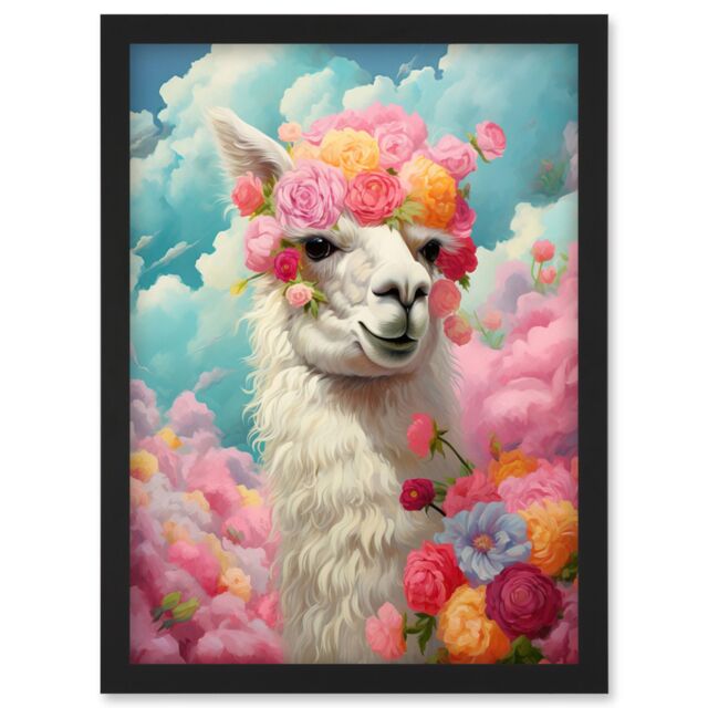 Artery8 Wall Art Print Head in the Clouds Conceptual Artwork Fabulous Carefree Llama with Rose Flower Headband Kids Room Artwork Framed A4 in Black - image 1
