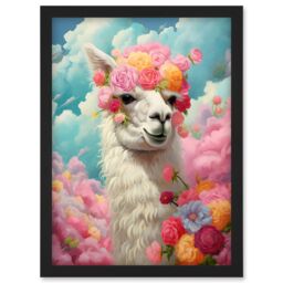 Artery8 Wall Art Print Head in the Clouds Conceptual Artwork Fabulous Carefree Llama with Rose Flower Headband Kids Room Artwork Framed A4 in Black - thumbnail 1