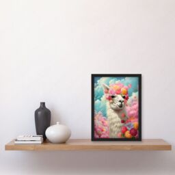Artery8 Wall Art Print Head in the Clouds Conceptual Artwork Fabulous Carefree Llama with Rose Flower Headband Kids Room Artwork Framed A4 in Black - thumbnail 2