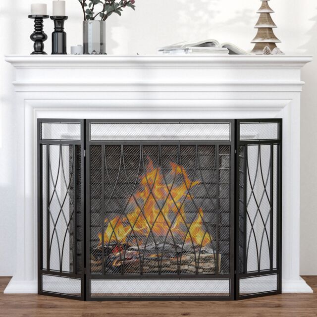 HOMCOM 126cm 3 Panel Metal Folding Fireplace Screen Protective Guard Child in Black - image 1