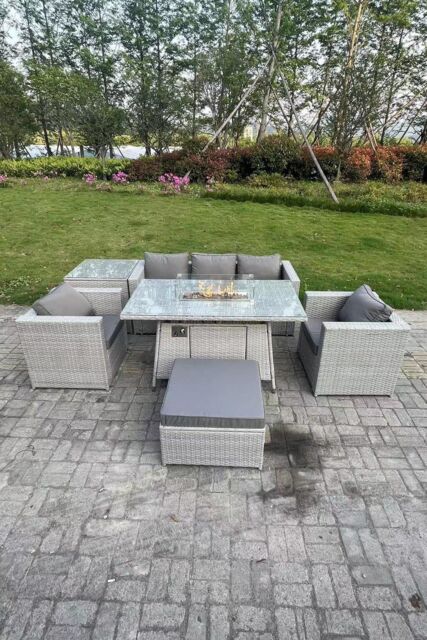 Fimous Rattan Garden Furniture Set Gas Fire Pit Lounge Sofa Chair Dining Set With Side Table in Light Grey - image 1