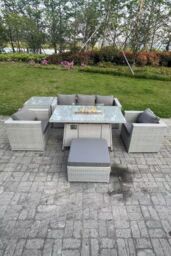 Fimous Rattan Garden Furniture Set Gas Fire Pit Lounge Sofa Chair Dining Set With Side Table in Light Grey - thumbnail 3