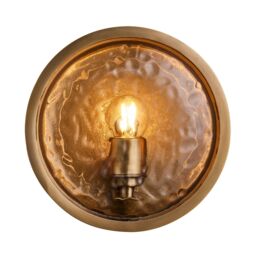 Industville Bulkhead Outdoor & Bathroom Round Wall Light - Hammered Glass in Metallic Gold - Size: Medium