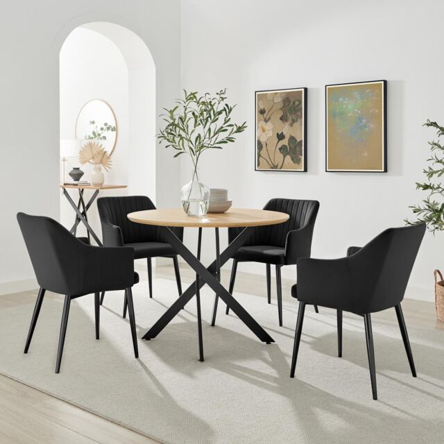 FurnitureboxUK Novara 100cm Oak Veneer Top Round Dining Table & 4 Black Calla Chairs in Brown - image 1