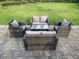 Fimous 6 Seater Dark Grey PE Rattan Garden Furniture Set Reclining Chair 2 Seater Love Sofa Set Coffee Table - thumbnail 1