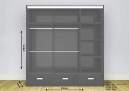 RAC3 High Gloss LED Mirror Sliding Wardrobe with Drawers - 205 x 216cm in Grey - Size: 205 x 216 cm - thumbnail 2