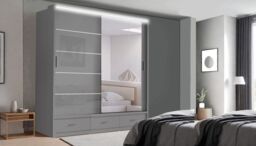 RAC3 High Gloss LED Mirror Sliding Wardrobe with Drawers - 205 x 216cm in Grey - Size: 205 x 216 cm