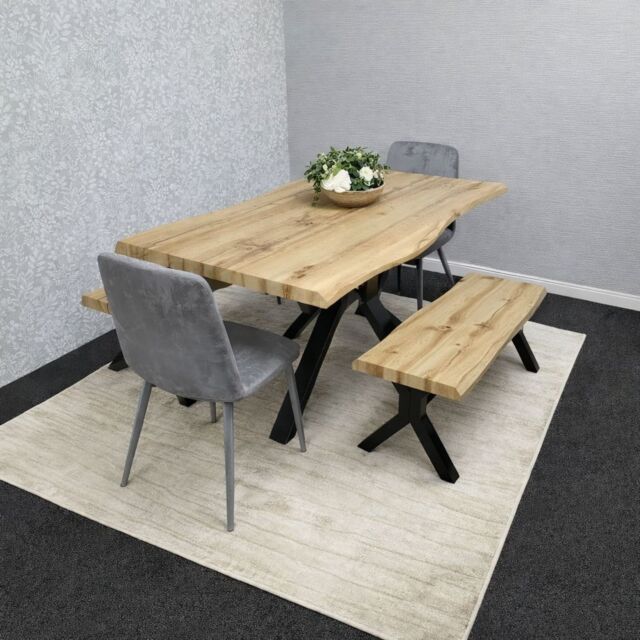 KOSY KOALA Wooden Dining Table with 2 Benches & Grey Velvet Chairs, Stylish Dining Room Furniture - image 1