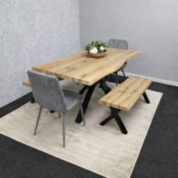 KOSY KOALA Wooden Dining Table with 2 Benches & Grey Velvet Chairs, Stylish Dining Room Furniture - thumbnail 1