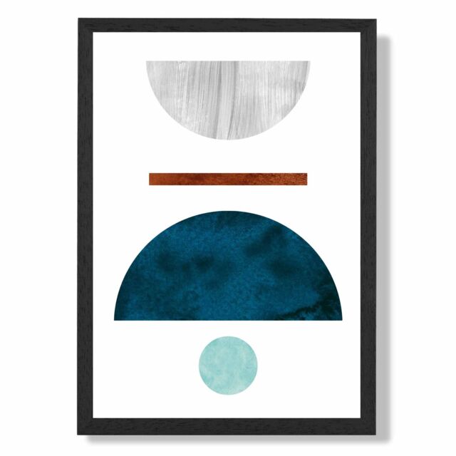 ARTZE Teal & Grey Semi Circles Mid Century Geometric Framed Print SIZE: A2 with Black Frame - Size: A4 - image 1