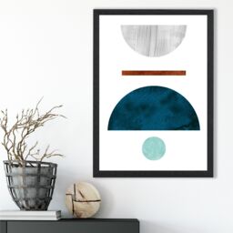 ARTZE Teal & Grey Semi Circles Mid Century Geometric Framed Print SIZE: A2 with Black Frame - Size: A4 - thumbnail 2