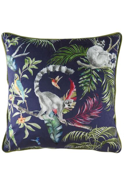 Evans Lichfield Jungle Lemur Velvet Piped Cushion in Blue - Size: 43 cm x 43 cm - image 1