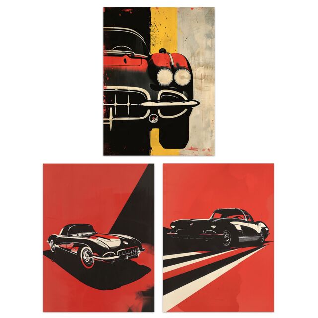"Artery8 Set of 3 Classic Sports Cars Bold Red Pop Art 12X16"" Wall Art Prints - Size: W12"" x H16""" - image 1