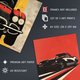 "Artery8 Set of 3 Classic Sports Cars Bold Red Pop Art 12X16"" Wall Art Prints - Size: W12"" x H16""" - thumbnail 4