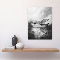 "Artery8 Cute Alligator in Bathtub Black White Fun Cheeky Wall Art Print in Grey - Size: W18"" x H24""" - thumbnail 4