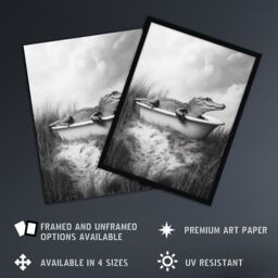 "Artery8 Cute Alligator in Bathtub Black White Fun Cheeky Wall Art Print in Grey - Size: W18"" x H24""" - thumbnail 2
