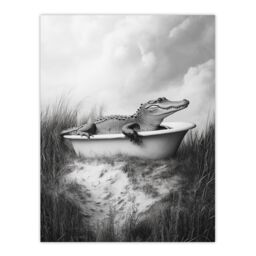 "Artery8 Cute Alligator in Bathtub Black White Fun Cheeky Wall Art Print in Grey - Size: W18"" x H24""" - thumbnail 1