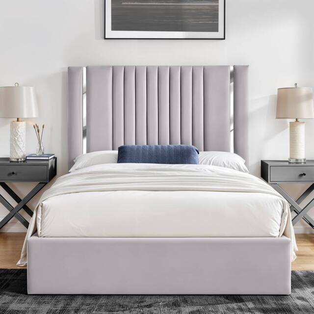 UK Bed Furniture Valencia Slatted Base Upholstered Bed with 48 Inch Panel Headboard in Silver - Size: Super King - image 1