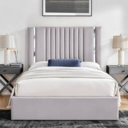 UK Bed Furniture Valencia Slatted Base Upholstered Bed with 48 Inch Panel Headboard in Silver - Size: Super King