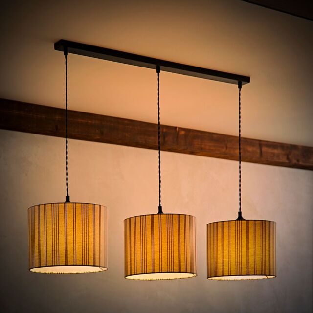 ValueLights Hallie Linen Stripe Drum Shade 3 Drop Black Diner Ceiling Pendant Light & Bulbs in Natural - image 1
