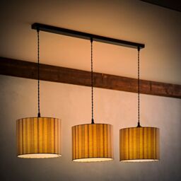 ValueLights Hallie Linen Stripe Drum Shade 3 Drop Black Diner Ceiling Pendant Light & Bulbs in Natural