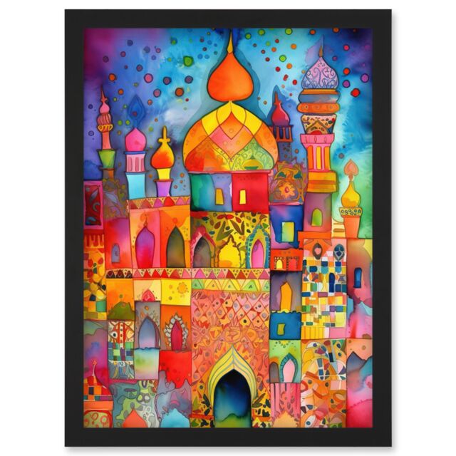 Artery8 Eid Dates Mosque Temple Folk Art Watercolour Painting Artwork Framed Wall Art Print A4 in Black - image 1