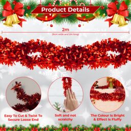 Neel Blue Christmas Shiny Metallic Chunky Tinsel Garland, 6.5ft in Red - thumbnail 2