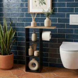 FORGEVIO Black Wood Freestanding Toilet Roll Holder Bathroom Storage