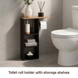 FORGEVIO Black Wood Freestanding Toilet Roll Holder Bathroom Storage - thumbnail 4