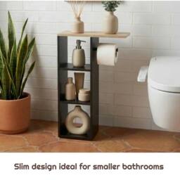 FORGEVIO Black Wood Freestanding Toilet Roll Holder Bathroom Storage - thumbnail 3
