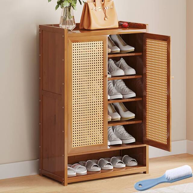 Hinsinc Shoe Cabinet Storage Cupboard Footwear Stand Rack Wooden Double Rattan Doors UK in Brown - image 1