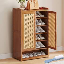 Hinsinc Shoe Cabinet Storage Cupboard Footwear Stand Rack Wooden Double Rattan Doors UK in Brown