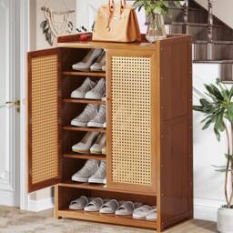 Hinsinc Shoe Cabinet Storage Cupboard Footwear Stand Rack Wooden Double Rattan Doors UK in Brown - thumbnail 5
