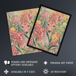 "Artery8 Deer in Flower Field Pastel Colour Painting Wall Art Print in Pink - Size: W18"" x H24""" - thumbnail 2