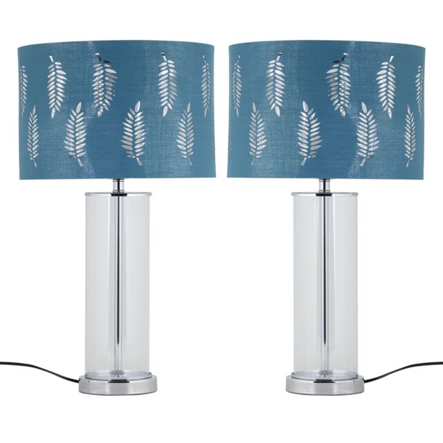 First Choice Lighting Set of 2 Aura - Chrome Table Lamps with Teal Fern Cut Out Shades in Silver - image 1