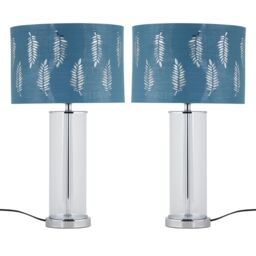 First Choice Lighting Set of 2 Aura - Chrome Table Lamps with Teal Fern Cut Out Shades in Silver