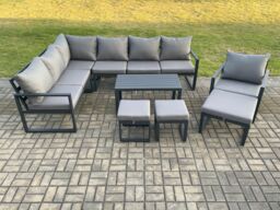 Fimous Aluminum 10 Seater Outdoor Lounge Corner Sofa Set Garden Furniture Sets with Oblong Coffee Table Chair 3 Footstools Dark Grey - thumbnail 2