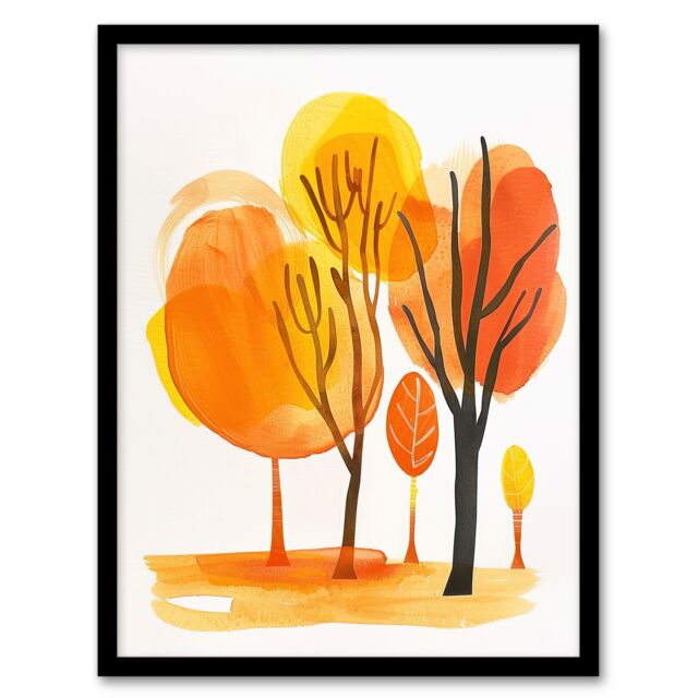 "Artery8 Abstract Park Autumn Trees Watercolour Painting Framed Art Print in Orange - Size: W12"" x H16""" - image 1